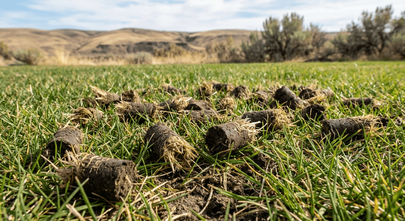 Core aeration plugs on a Columbia Basin lawn