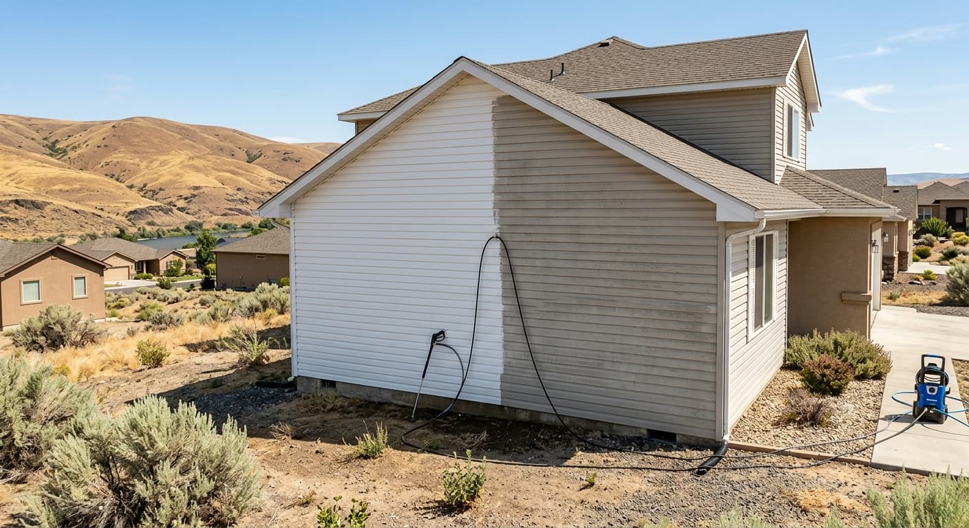 Professional pressure washing a concrete driveway in the Columbia Basin